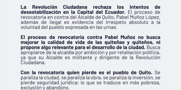Noticias para migrantes Ecuatorianos Quito: Revolución Ciudadana envía comunicado de respaldo a Pabel Muñoz ante revocatoria